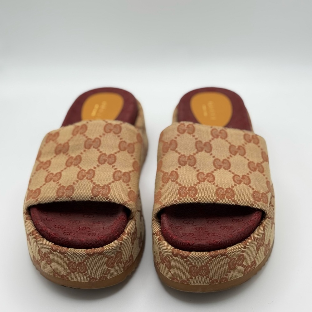 GUCCI Canvas GG Monogram Angelina Platform Slide Sandals 36 Beige Ruggine